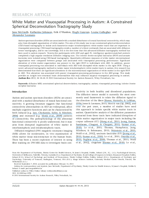 (PDF) White Matter and Visuospatial Processing in Autism: A Constrained ...