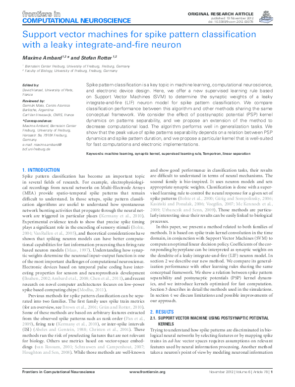 (PDF) Support vector machines for spike pattern classification with a ...