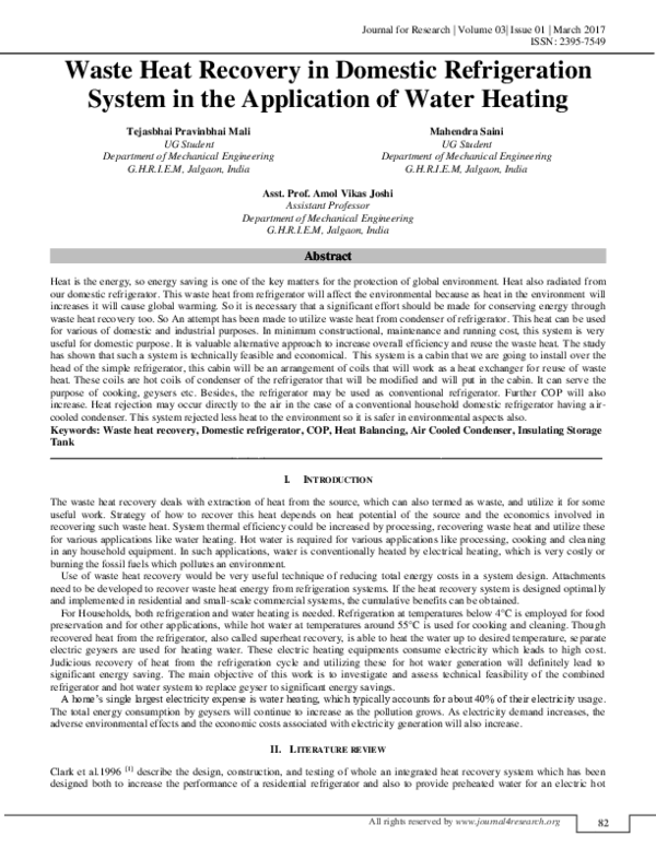 (PDF) Waste Heat Recovery in Domestic Refrigeration System in the