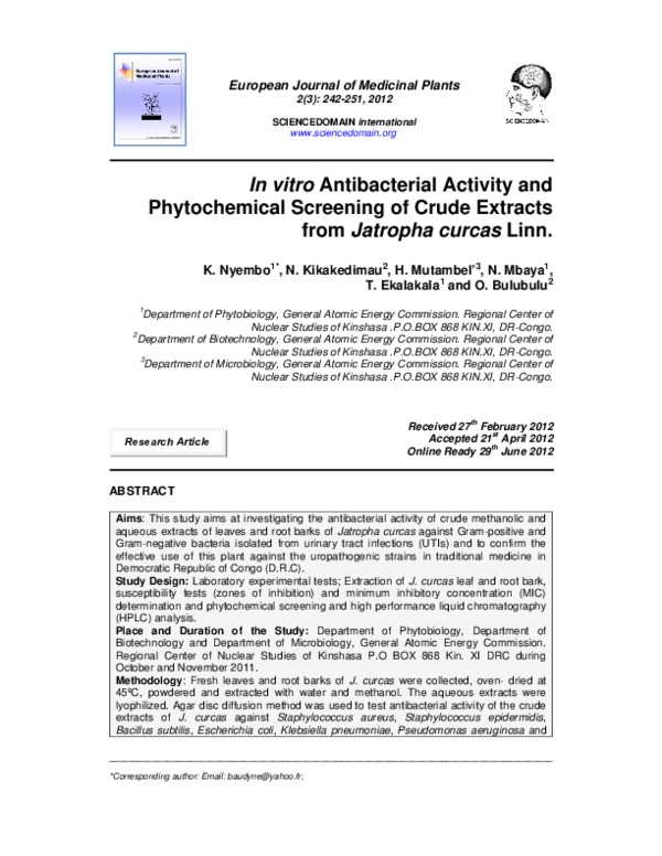 (PDF) In vitro Antibacterial Activity and Phytochemical Screening of ...