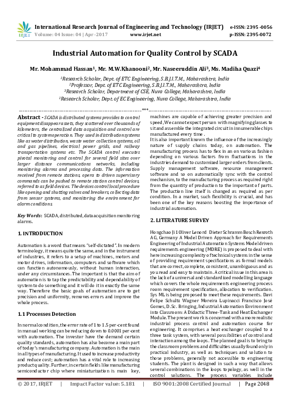 (PDF) Industrial Automation for Quality Control by SCADA