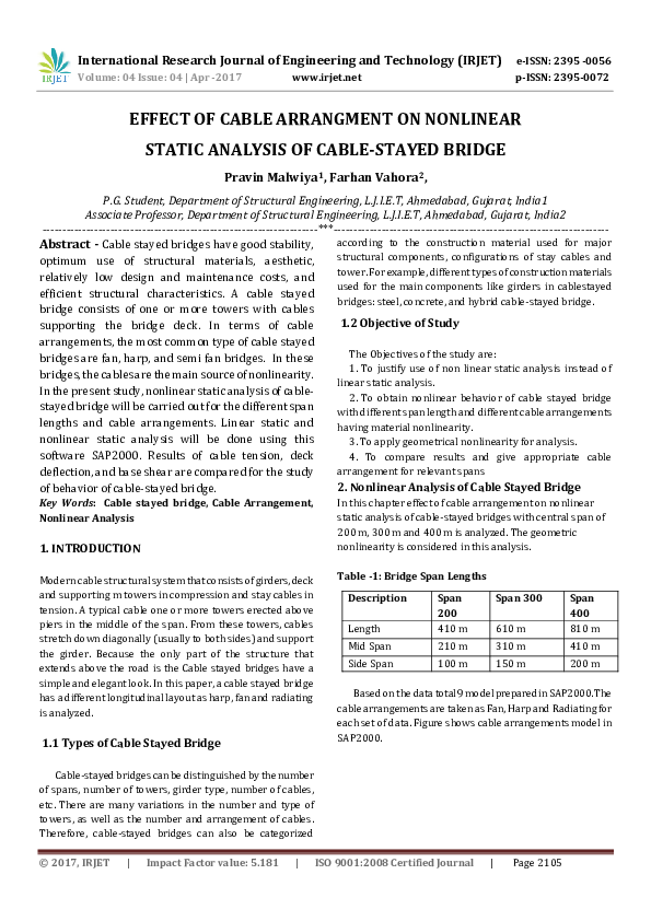 (PDF) EFFECT OF CABLE ARRANGMENT ON NONLINEAR STATIC ANALYSIS OF CABLE ...
