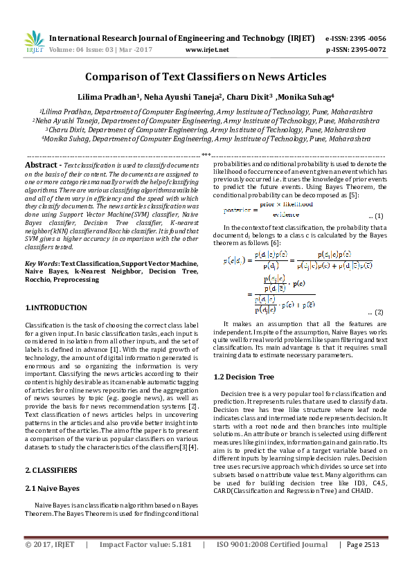 (PDF) Comparison of Text Classifiers on News Articles