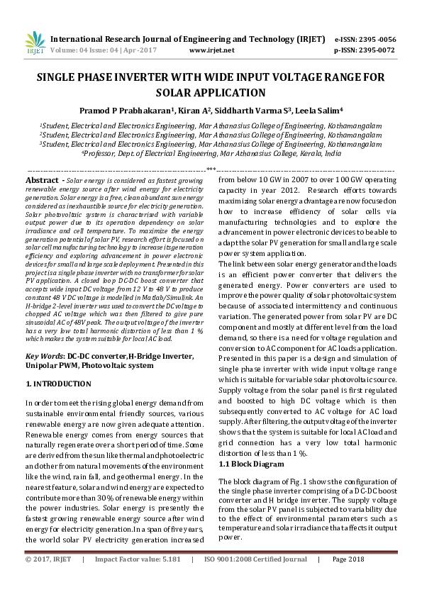 (PDF) SINGLE PHASE INVERTER WITH WIDE INPUT VOLTAGE RANGE FOR SOLAR ...