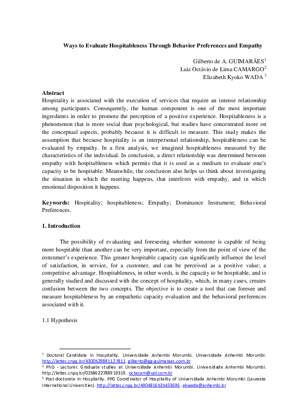 (DOC) Ways to Evaluate Hospitableness Through Behavior Preferences and