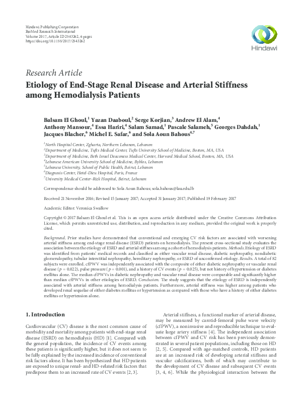 (PDF) Etiology of End-Stage Renal Disease and Arterial Stiffness among ...