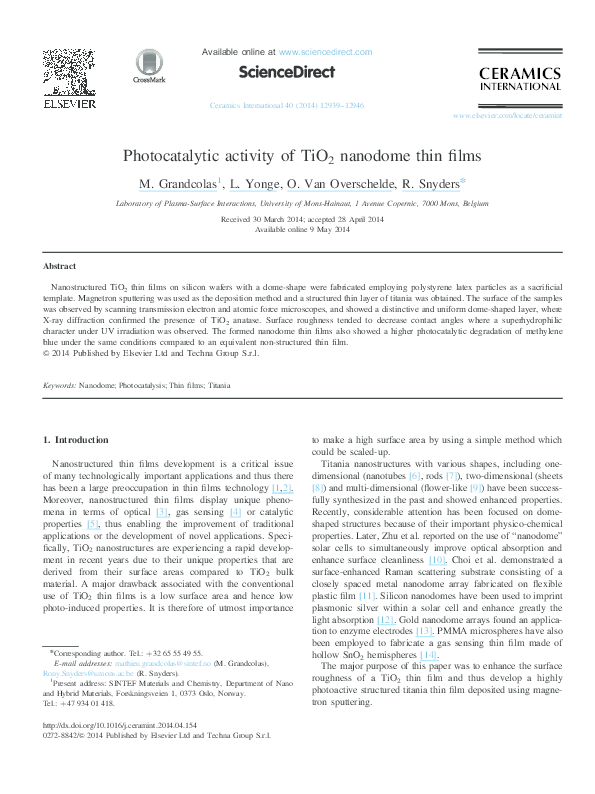 (PDF) Photocatalytic activity of TiO2 nanodome thin films