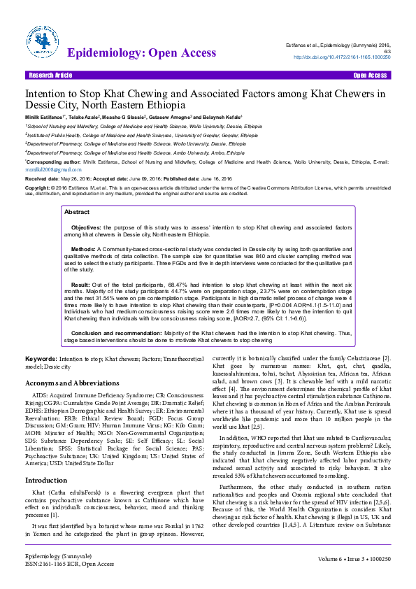 (PDF) Intention to Stop Khat Chewing and Associated Factors among Khat Chewers in Dessie City