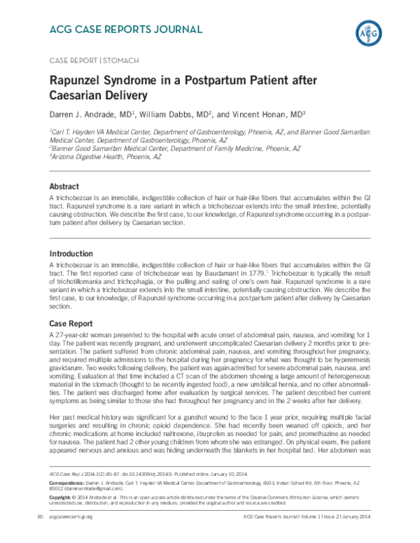 Pdf Rapunzel Syndrome In A Postpartum Patient After Caesarian