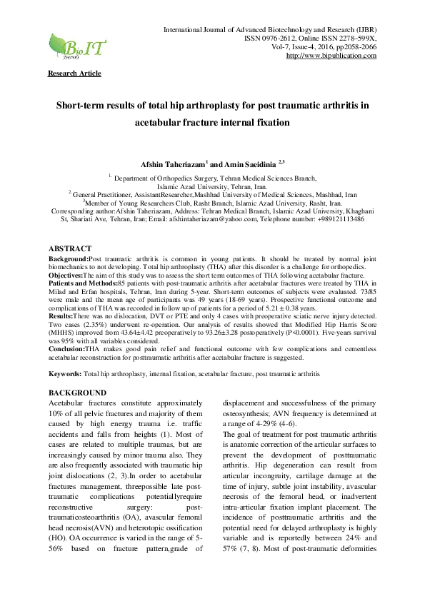 (PDF) Short-term results of total hip arthroplasty for post traumatic ...