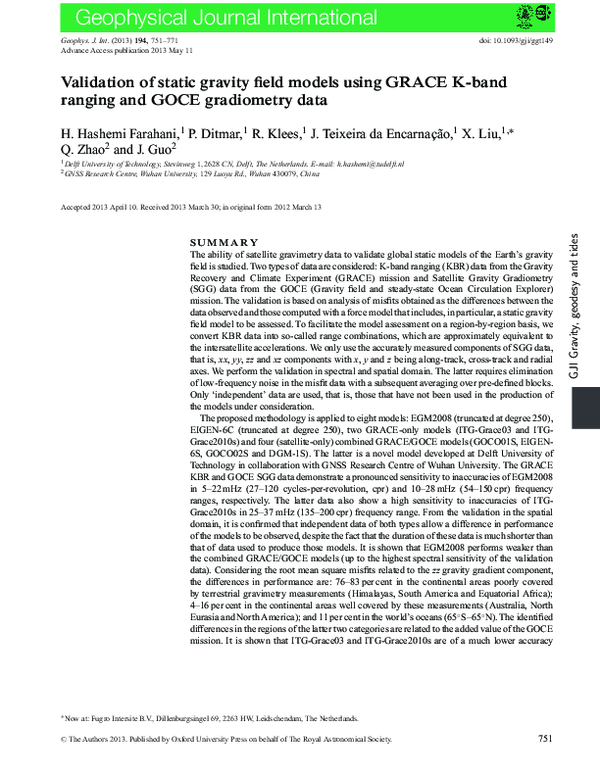 (PDF) Validation of static gravity field models using GRACE K-band ...