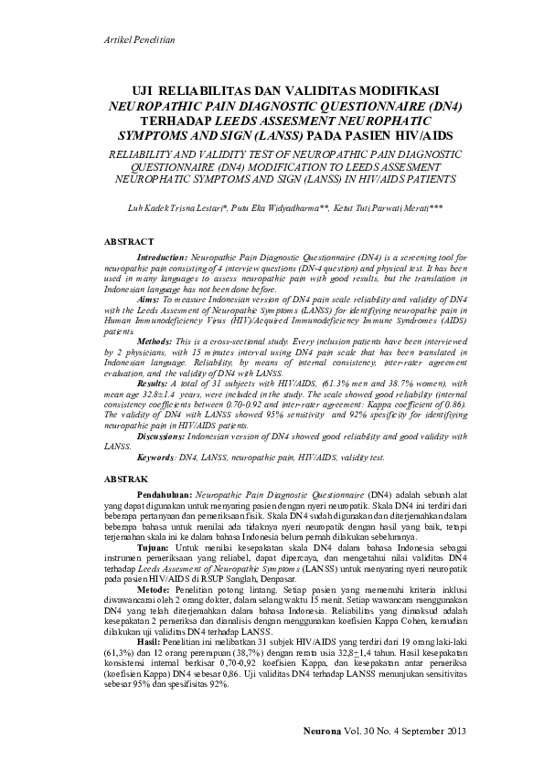 (PDF) Uji Reliabilitas Dan Validitas Modifikasi Neuropathic Pain
