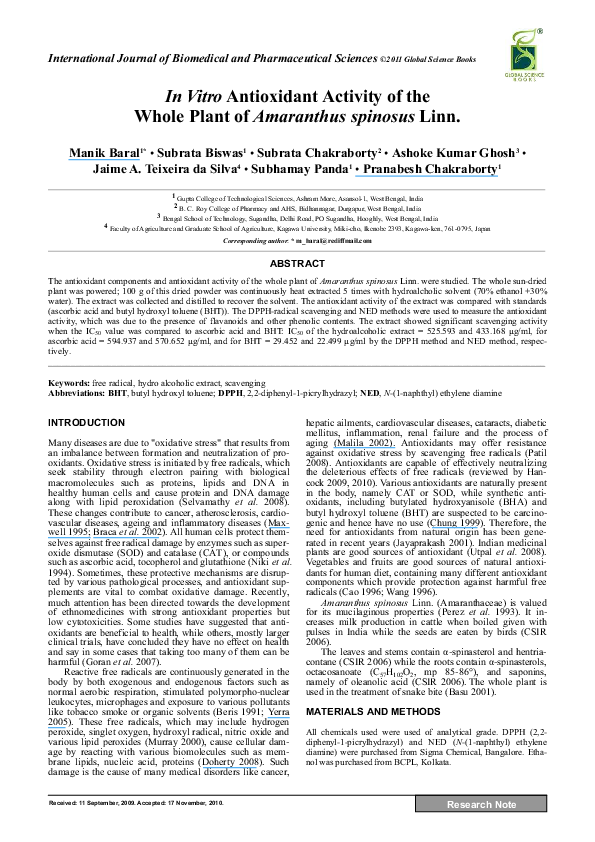 (PDF) In vitro antioxidant activity of the whole plant of Amaranthus ...