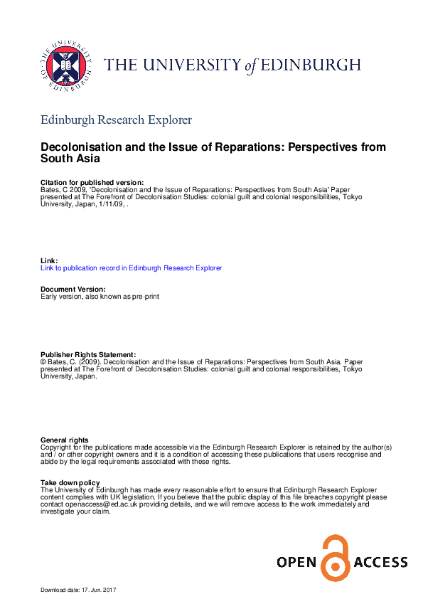 Pdf Decolonisation And The Issue Of Reparations Perspectives From South Asia Crispin Bates Academia Edu