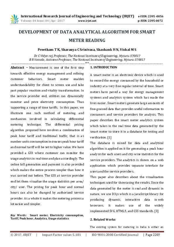 (PDF) DEVELOPMENT OF DATA ANALYTICAL ALGORITHM FOR SMART METER READING