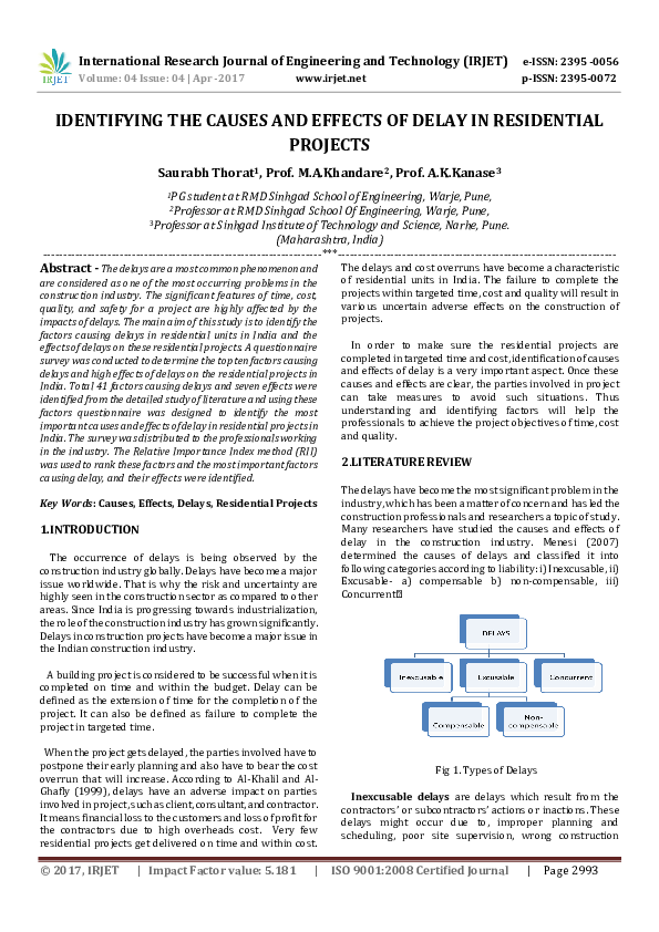 (PDF) IDENTIFYING THE CAUSES AND EFFECTS OF DELAY IN RESIDENTIAL PROJECTS