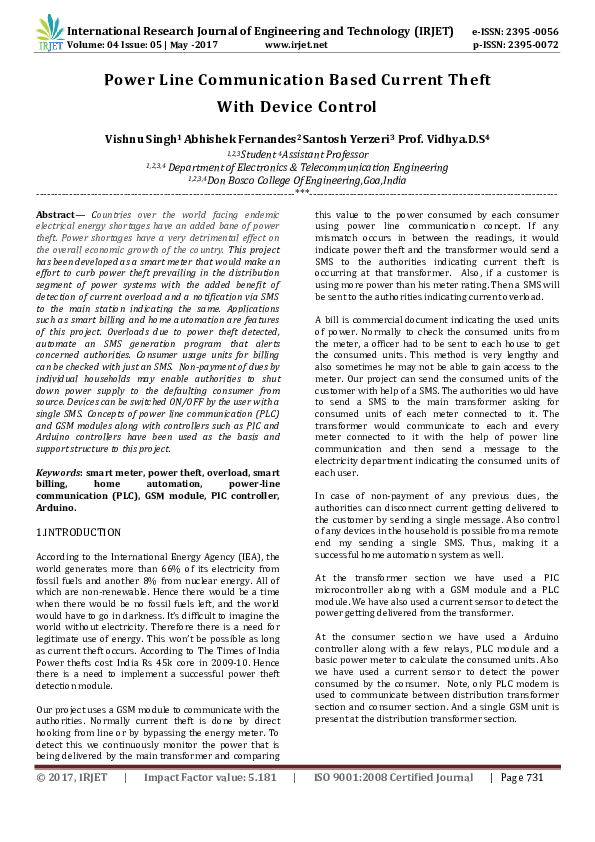 (PDF) Power Line Communication Based Current Theft With Device Control