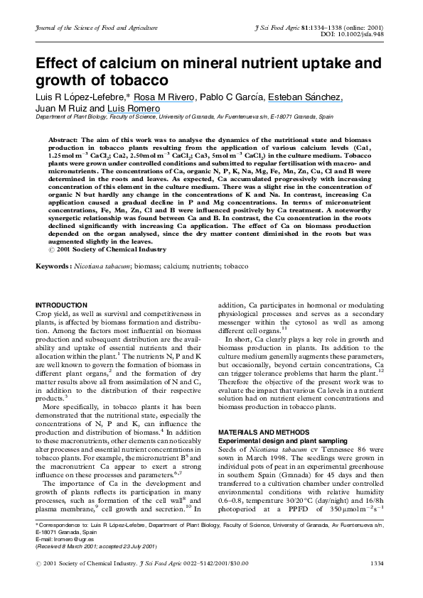(PDF) Effect of calcium on mineral nutrient uptake and growth of tobacco