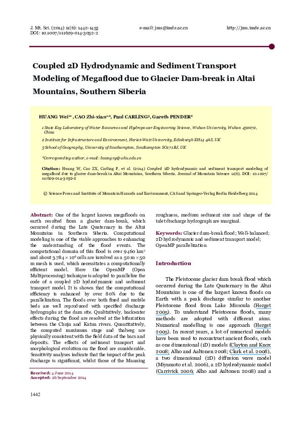 (PDF) Coupled 2D hydrodynamic and sediment transport modeling of ...