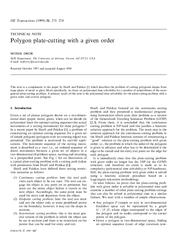 (PDF) Polygon plate-cutting with a given order