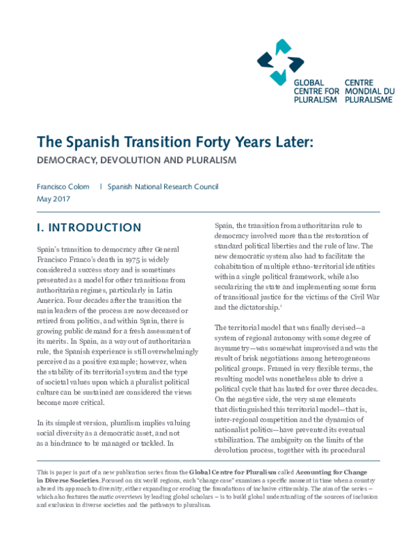 (PDF) The Spanish Transition Forty Years Later. Democracy, Devolution