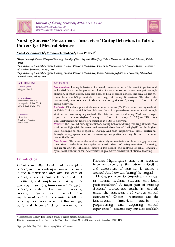 (PDF) Nursing students' perception of instructors' caring behaviors in ...