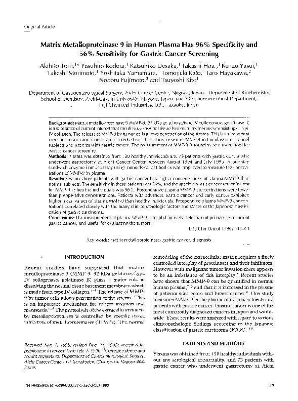 (PDF) Matrix metalloproteinase 9 in human plasma has 96% specificity ...