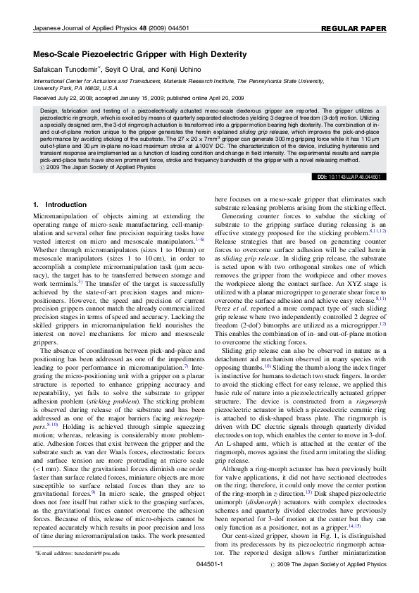 (PDF) MesoScale Piezoelectric Gripper with High Dexterity Kenji