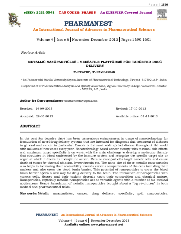 (PDF) METALLIC NANOPARTICLES – VERSATILE PLATFORMS FOR TARGETED DRUG ...