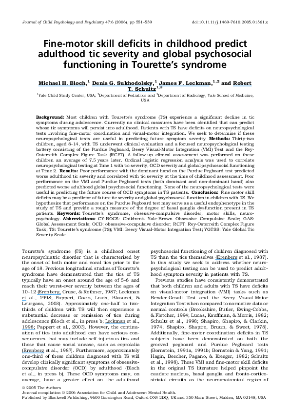 (PDF) Finemotor skill deficits in childhood predict adulthood tic