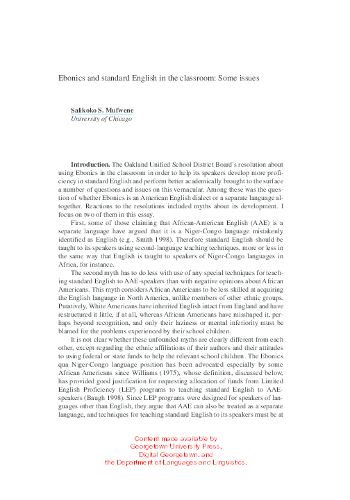 (PDF) Ebonics and standard English in the classroom Some issues
