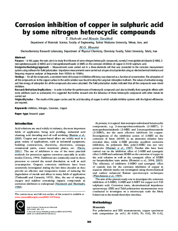 (PDF) Corrosion inhibition of copper in sulphuric acid by some nitrogen ...