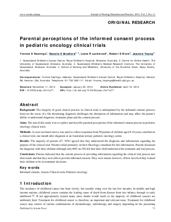 Pdf Parental Perceptions Of The Informed Consent Process In Pediatric