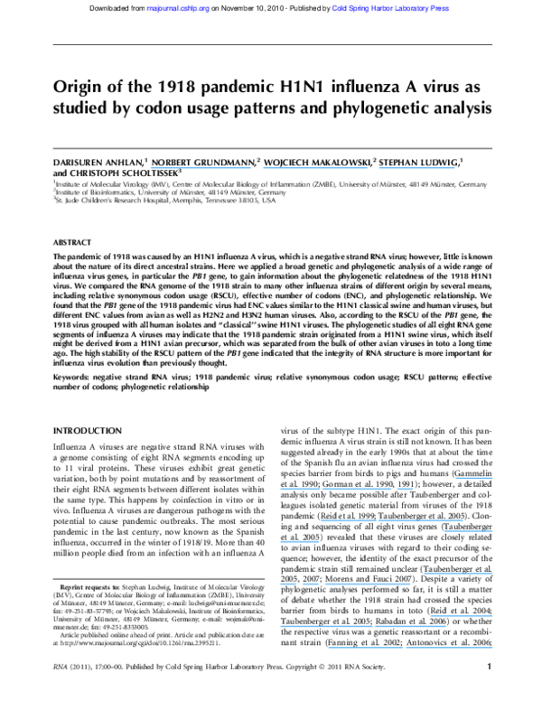 (PDF) Origin of the 1918 pandemic H1N1 influenza A virus as studied by ...