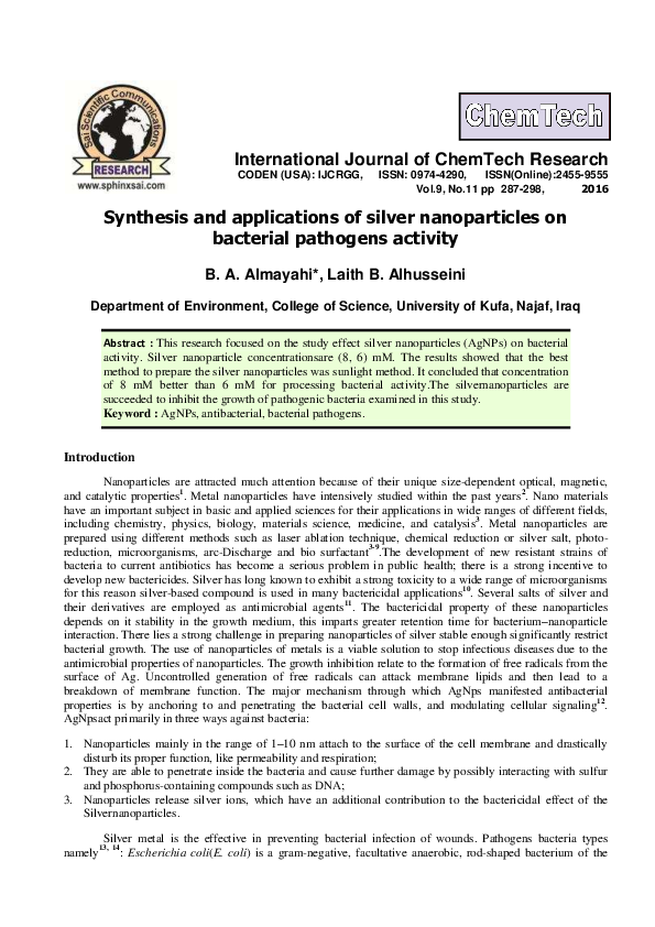 (PDF) Synthesis and applications of silver nanoparticles on bacterial ...