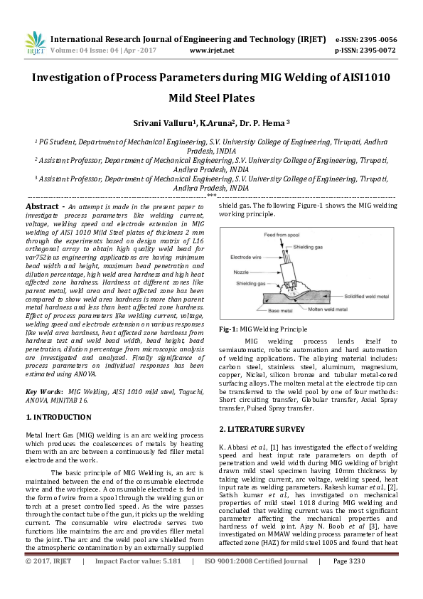 (PDF) Investigation of Process Parameters during MIG Welding of