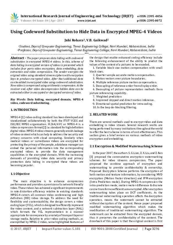 (PDF) Using Codeword Substitution to Hide Data in Encrypted MPEG-4 Videos