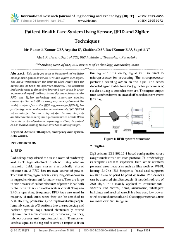 (PDF) Patient Health Care System Using Sensor, RFID and ZigBee Techniques