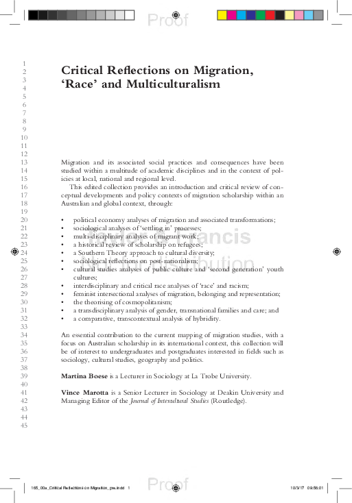(PDF) Critical Reflections on Migration, 'Race' and Multiculturalism