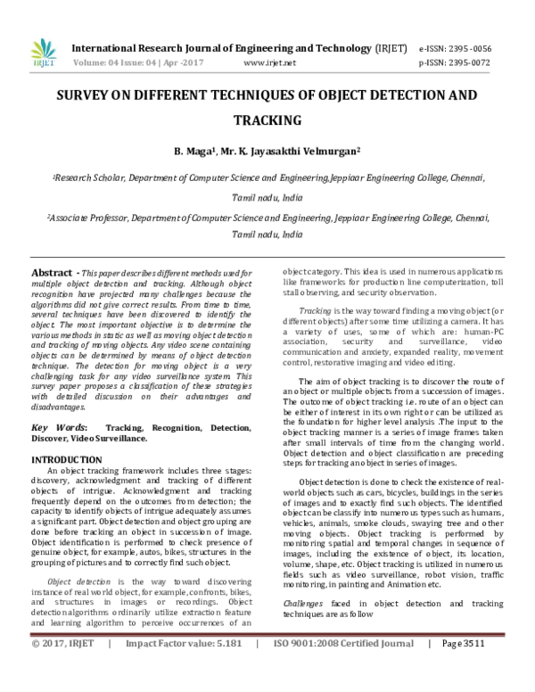 (PDF) SURVEY ON DIFFERENT TECHNIQUES OF OBJECT DETECTION AND TRACKING