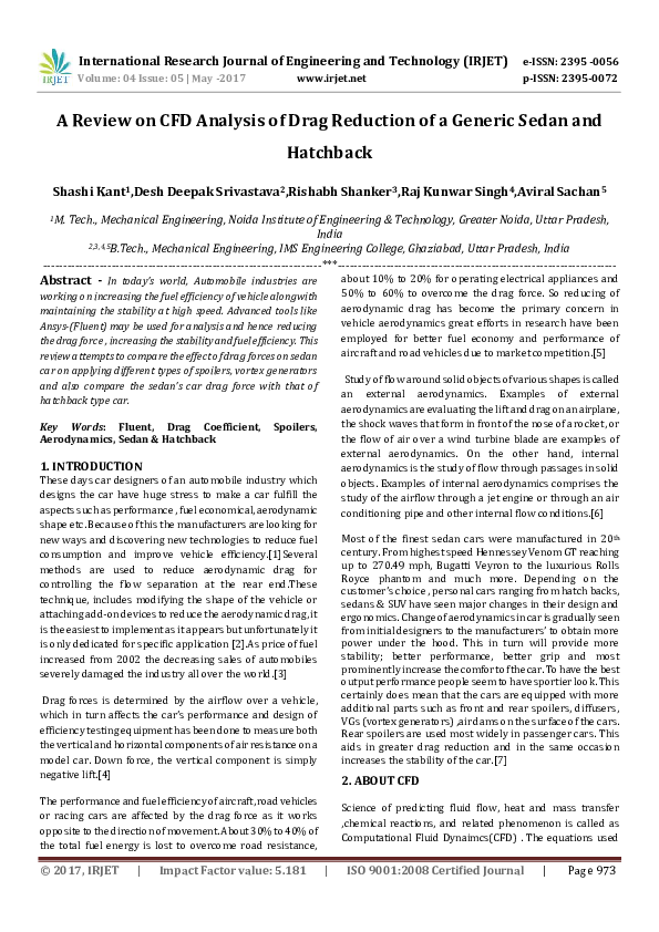 (PDF) A Review on CFD Analysis of Drag Reduction of a Generic Sedan and