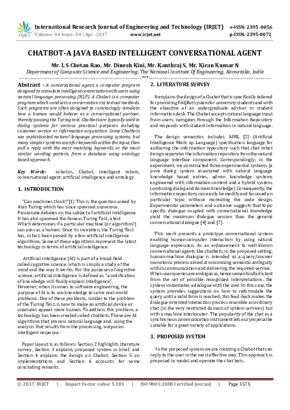 (PDF) CHATBOT-A JAVA BASED INTELLIGENT CONVERSATIONAL AGENT