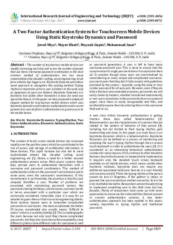 (PDF) A Two Factor Authentication System for Touchscreen Mobile Devices ...