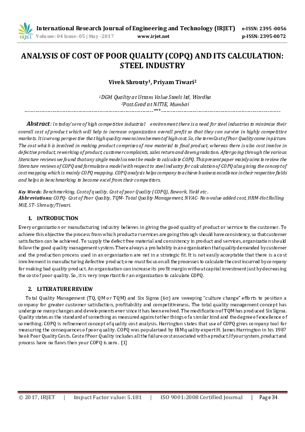 (PDF) ANALYSIS OF COST OF POOR QUALITY (COPQ) AND ITS CALCULATION