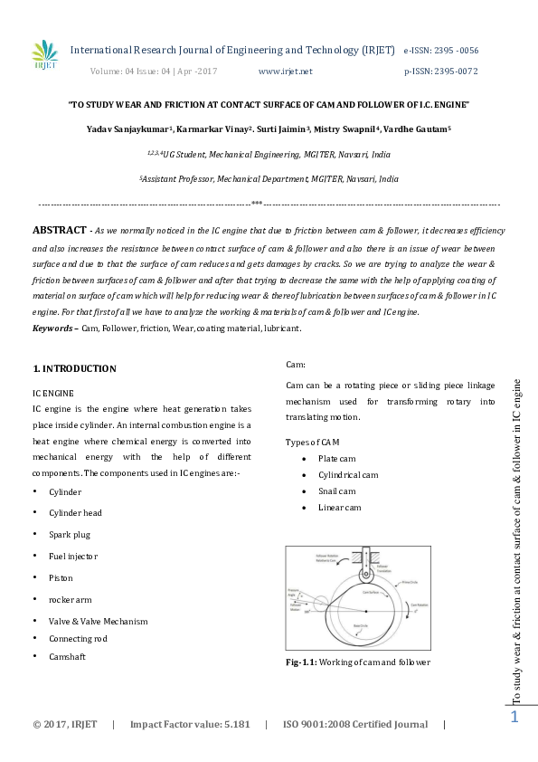 (PDF) To Study Wear and Friction at Contact Surface of Cam and Follower