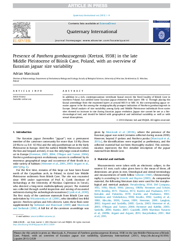 (PDF) 2011 New record of the European jaguar, Panthera onca