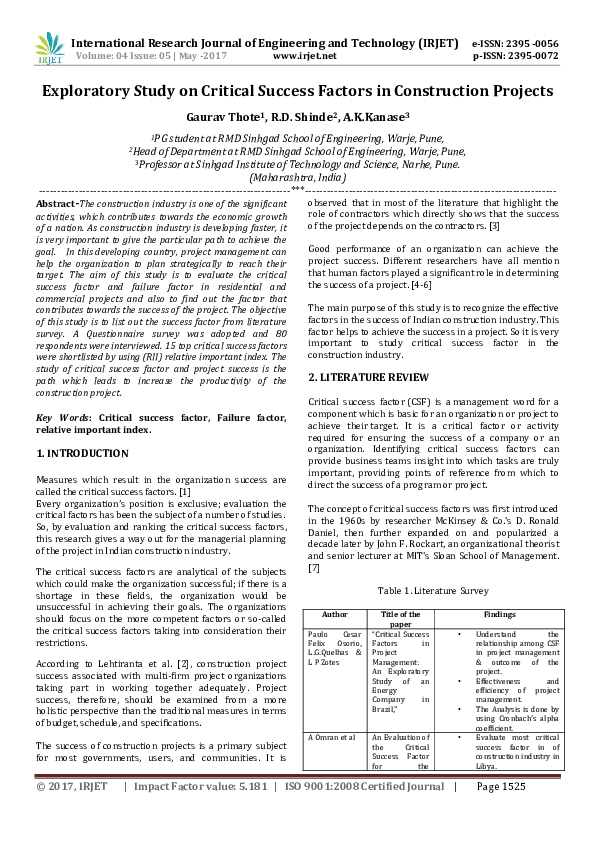 (PDF) Exploratory Study on Critical Success Factors in Construction ...