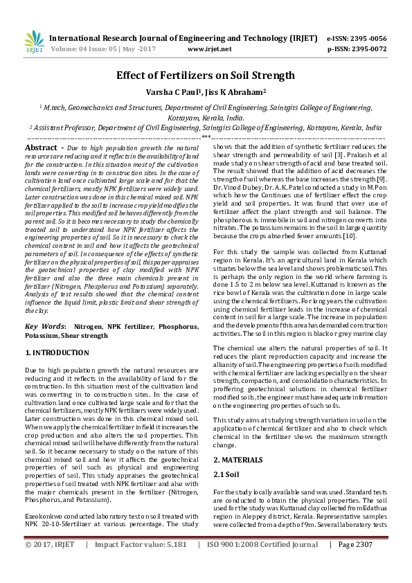 (PDF) Effect of Fertilizers on Soil Strength IRJET Journal Academia.edu