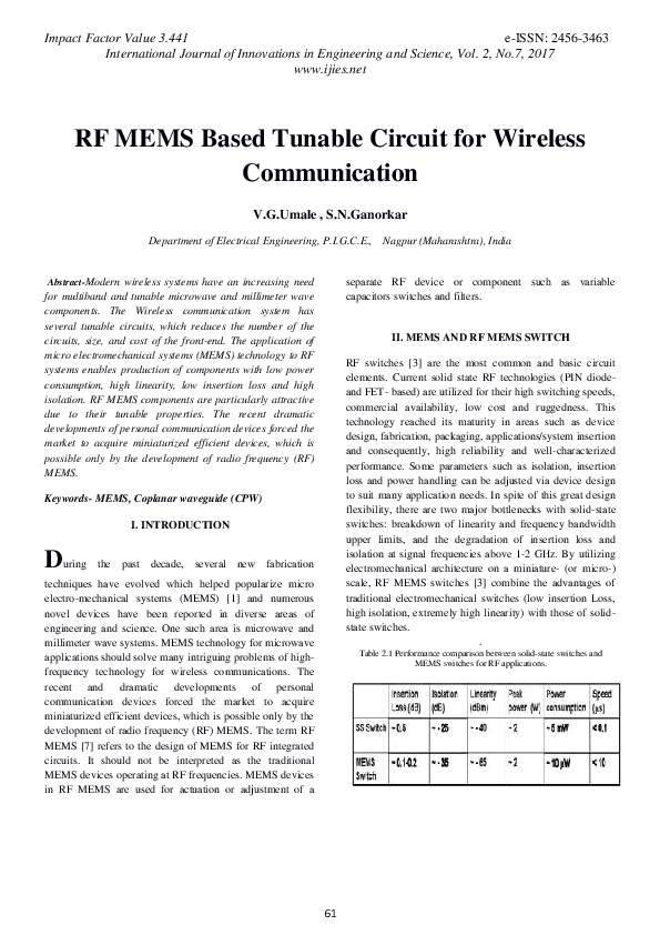 RF MEMS Based Tunable Circuit for Wireless Communication