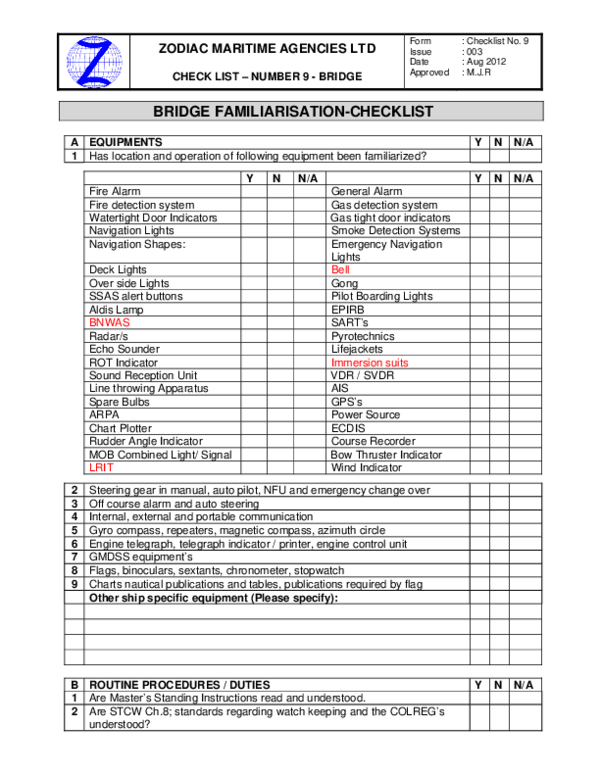 (PDF) BRIDGE FAMILIARISATIONCHECKLIST A EQUIPMENTS Y N N/A 1 Has